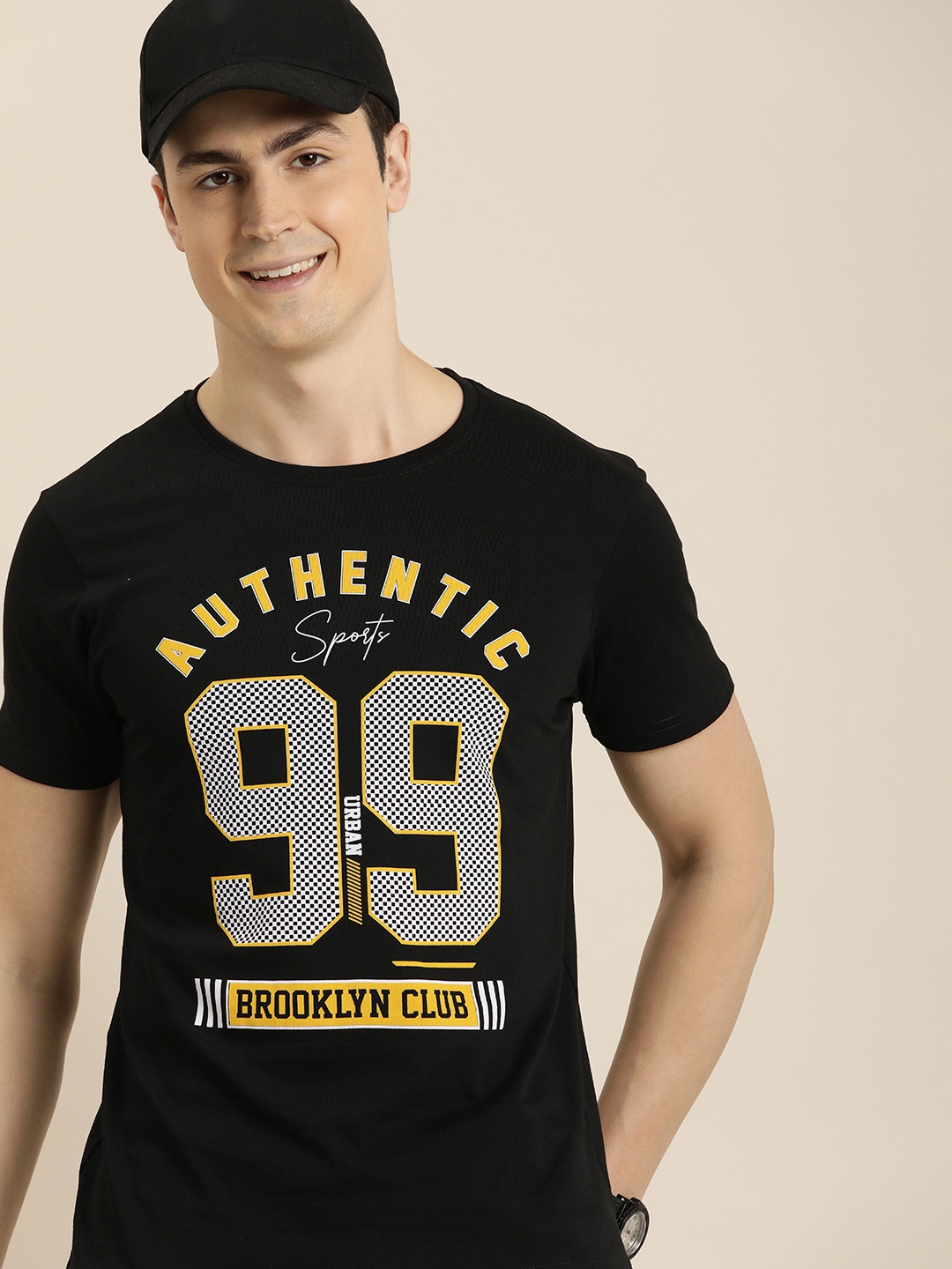 

HERE&NOW Varsity Printed Pure Cotton T-shirt, Black