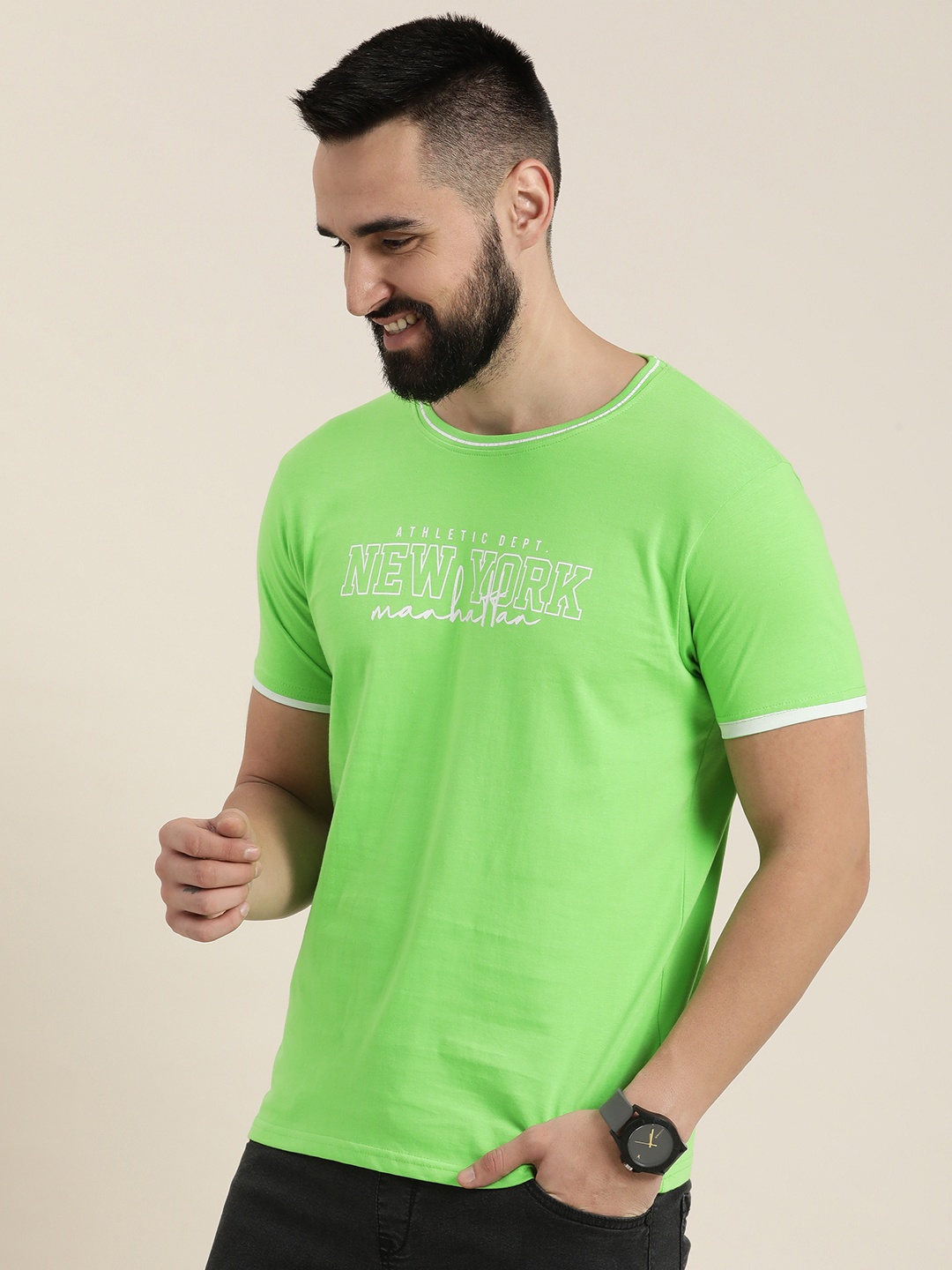 

HERE&NOW Typography Printed Pure Cotton T-shirt, Green
