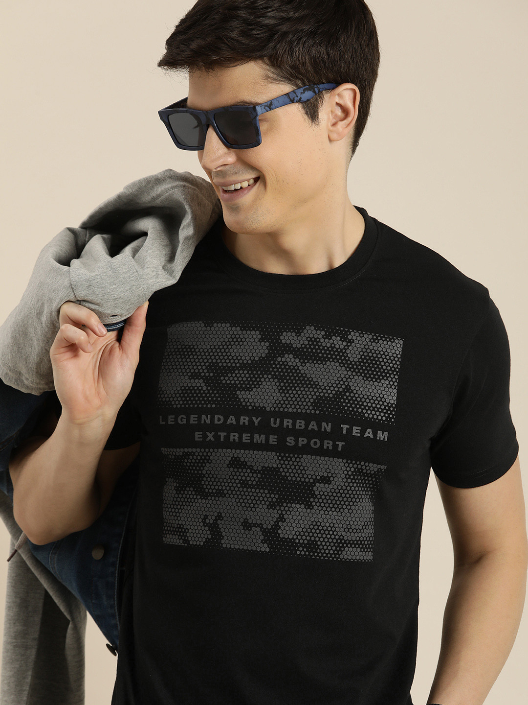 

HERE&NOW Typography & Geometric Print Knitted T-shirt, Black