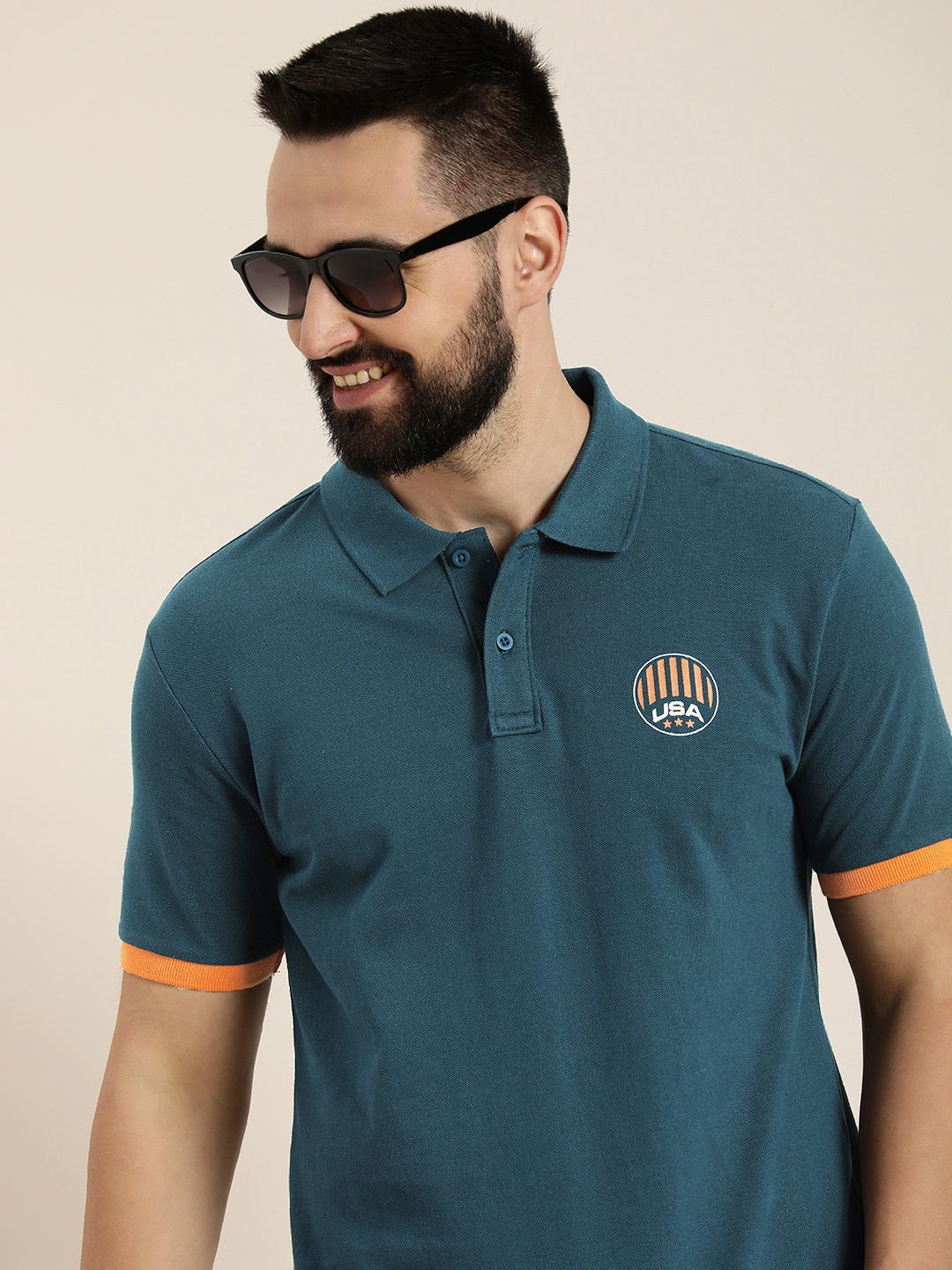 

HERE&NOW Printed Polo Collar Pure Cotton T-shirt, Teal