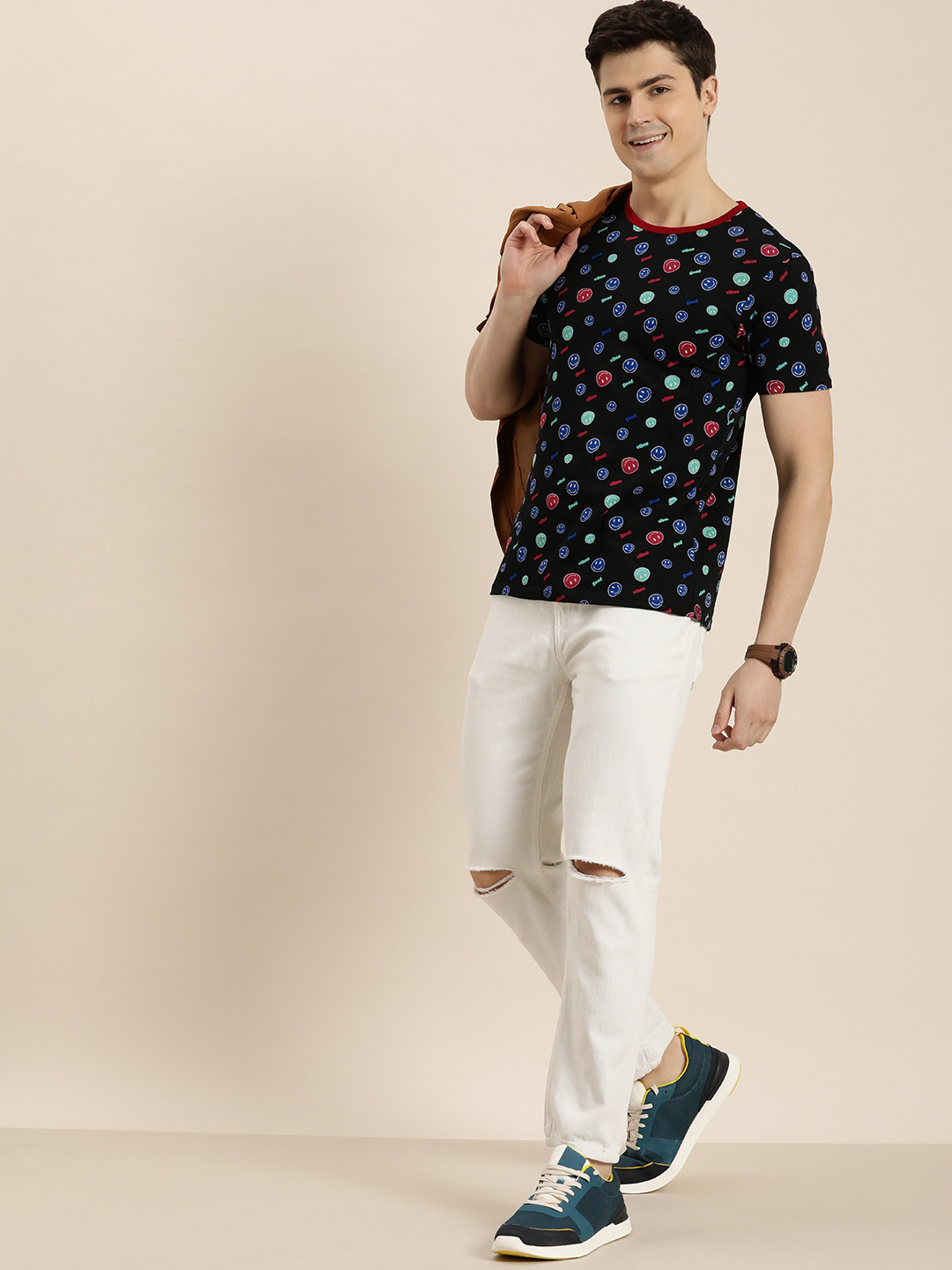 

HERE&NOW Men Conversational Printed Pure Cotton T-shirt, Black