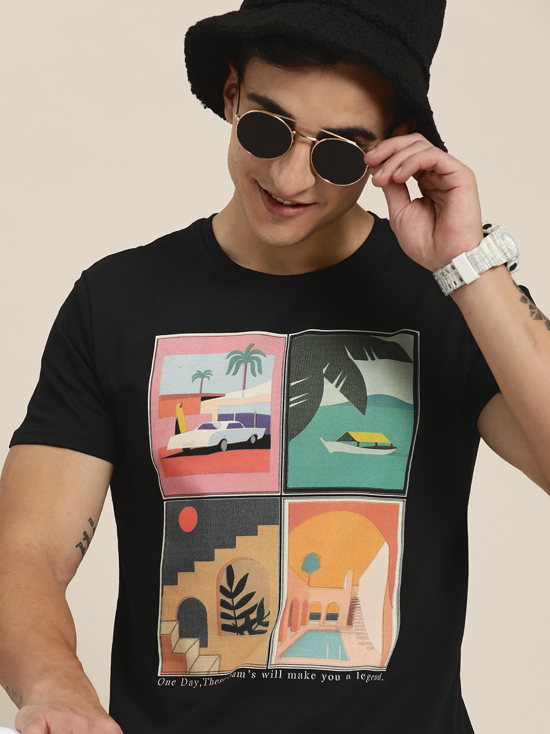 

HERE&NOW Graphic Print Pure Cotton T-shirt, Black