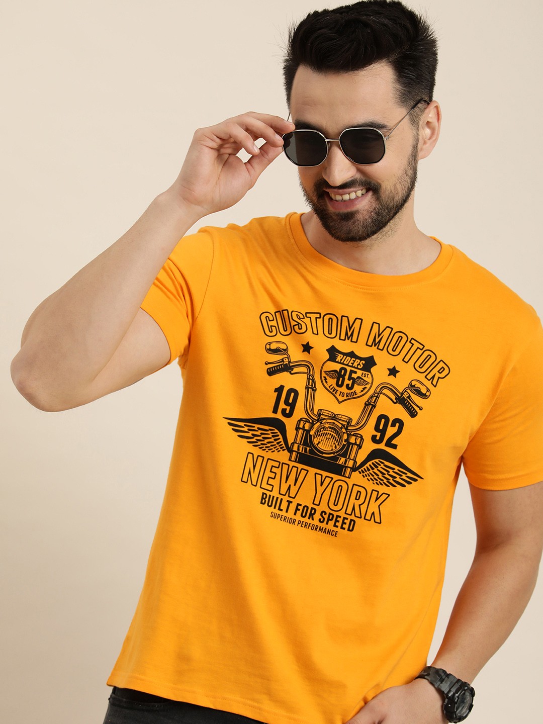 

HERE&NOW Round Neck Printed Pure Cotton T-shirt, Yellow