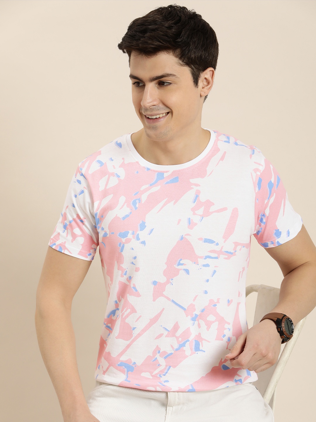 

HERE&NOW Men Abstract Printed Pure Cotton T-shirt, White