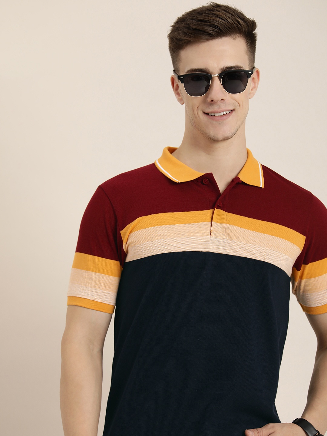 

HERE&NOW Striped & Colourblocked Polo Collar T-shirt, Maroon