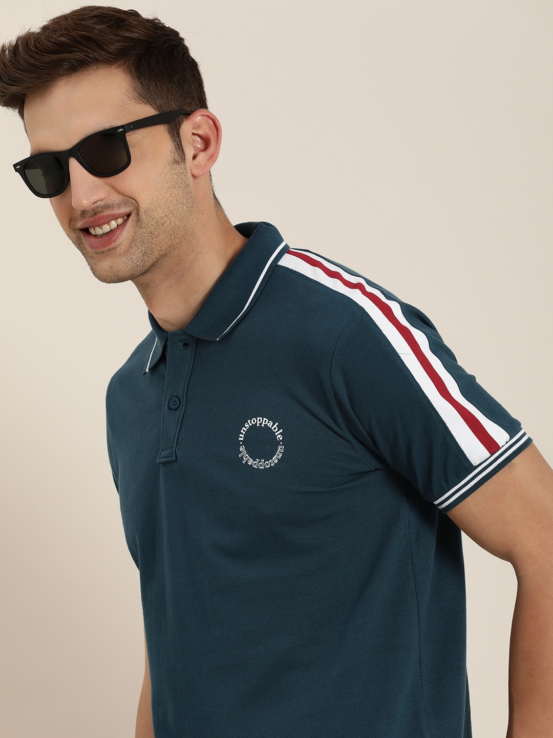 

HERE&NOW Graphic Printed Polo Collar Pure Cotton T-shirt, Teal