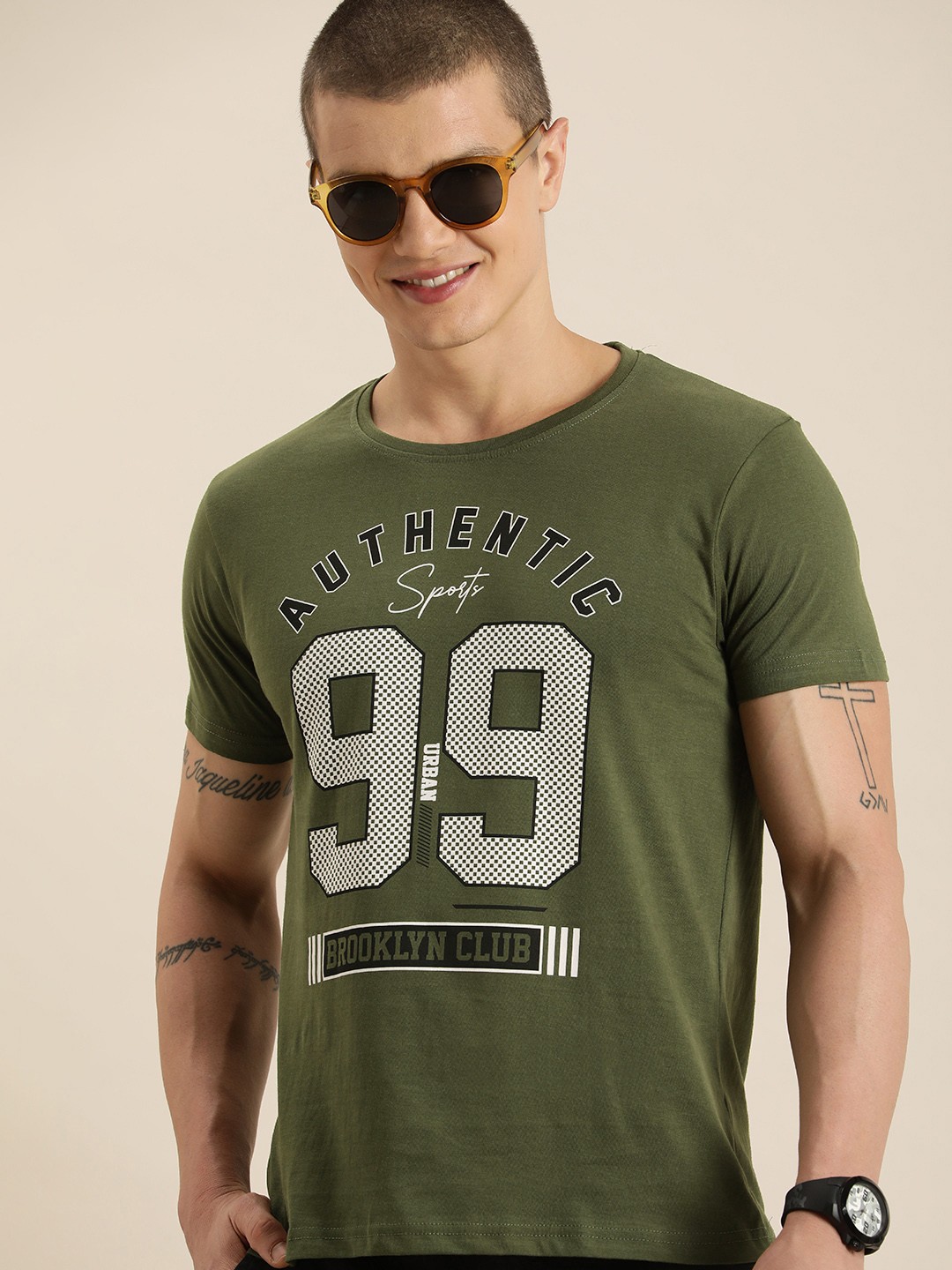 

HERE&NOW Printed Pure Cotton T-shirt, Olive