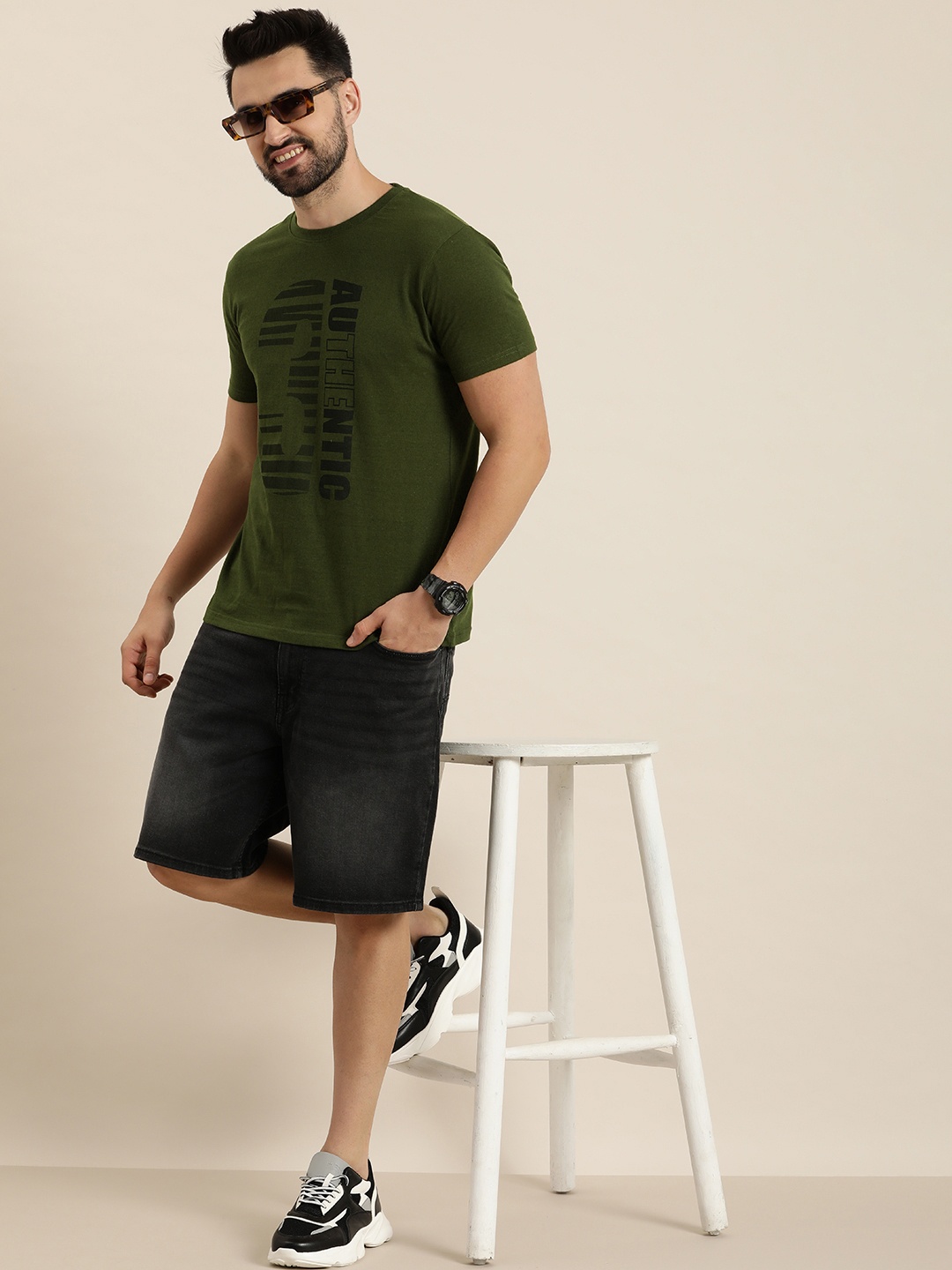 

HERE&NOW Typography Printed Pure Cotton T-shirt, Olive