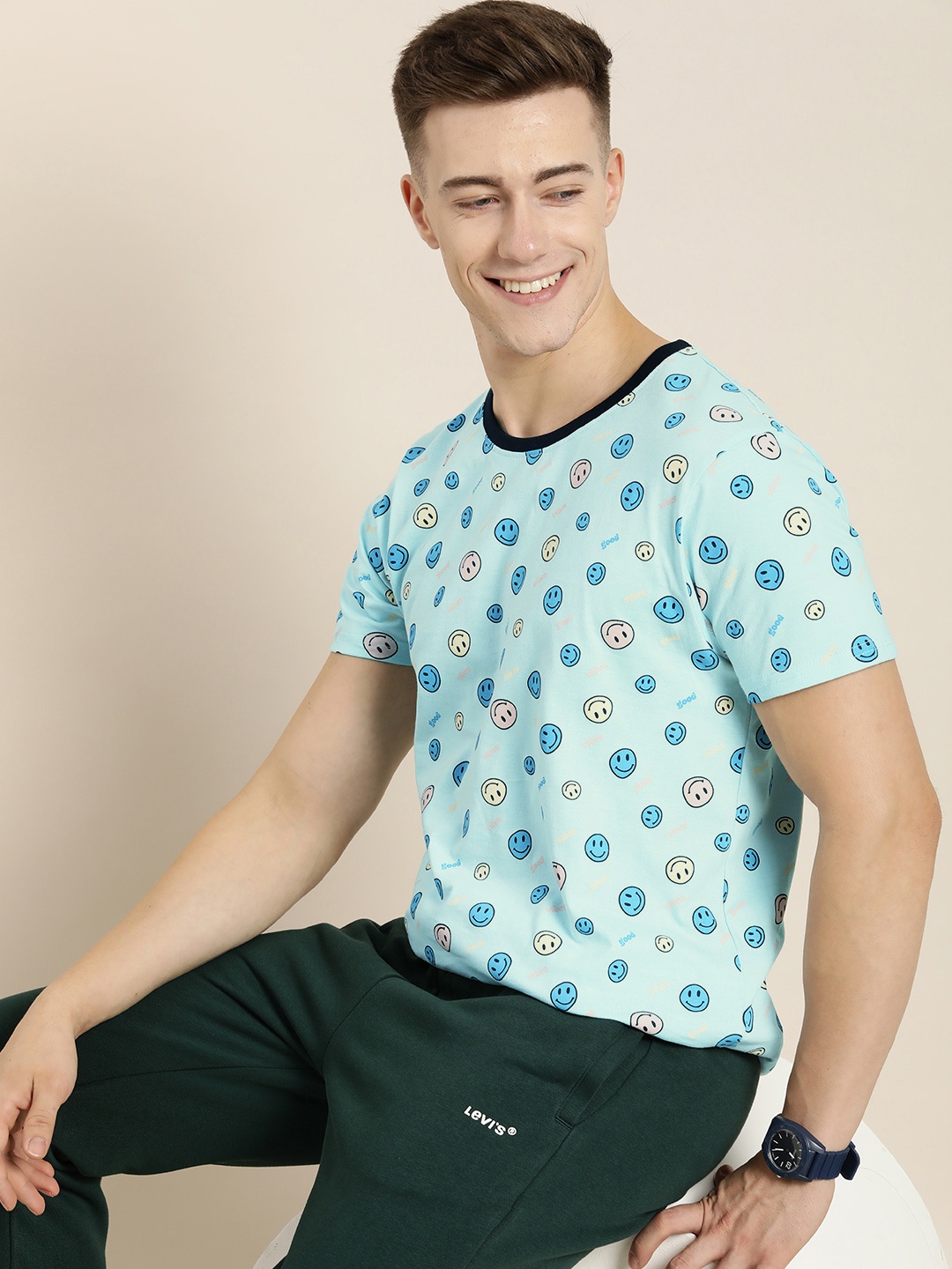 

HERE&NOW Conversational Printed Pure Cotton T-shirt, Blue