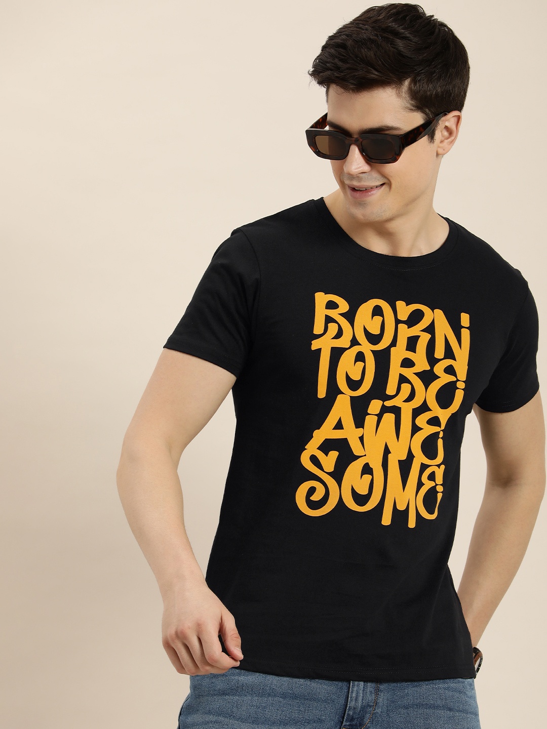 

HERE&NOW Men Typography Printed Pure Cotton T-shirt, Black