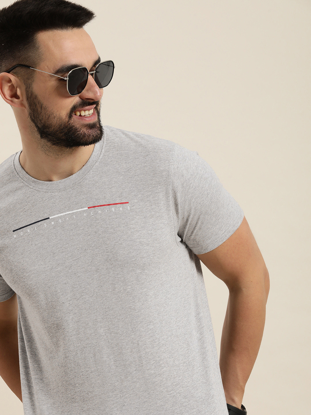 

HERE&NOW Typography Printed Round-Neck Casual T-shirt, Grey melange