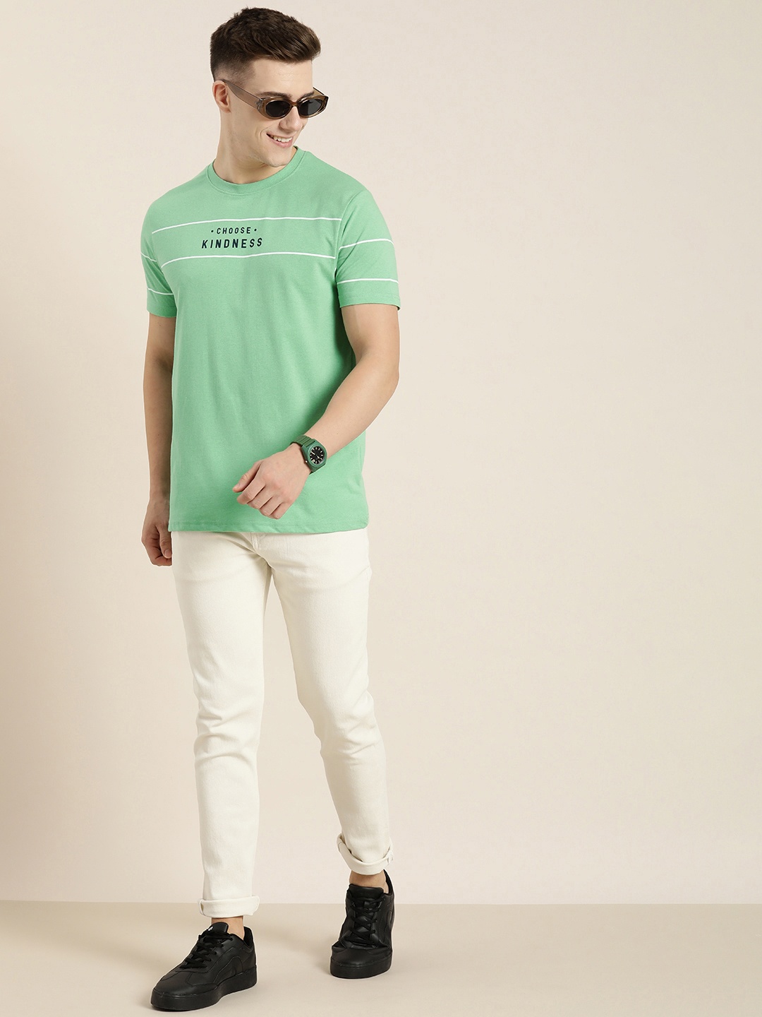 

HERE&NOW Typography Printed And Striped Casual T-shirt, Green