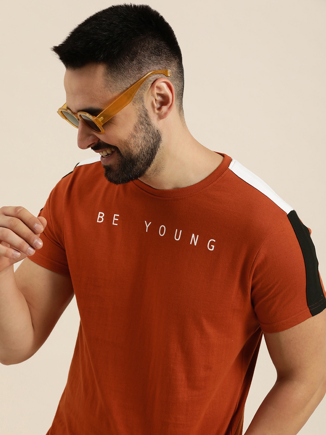 

HERE&NOW Pure Cotton Typography Printed Casual T-shirt, Rust