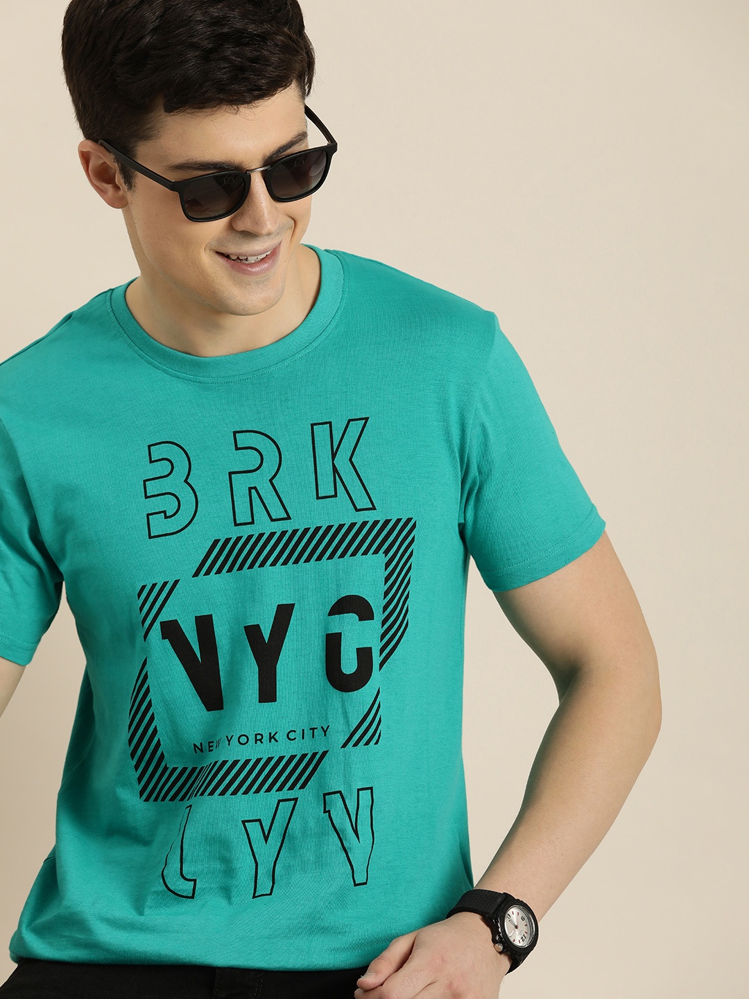 

HERE&NOW Men Typography Print Knitted Pure Cotton T-shirt, Teal
