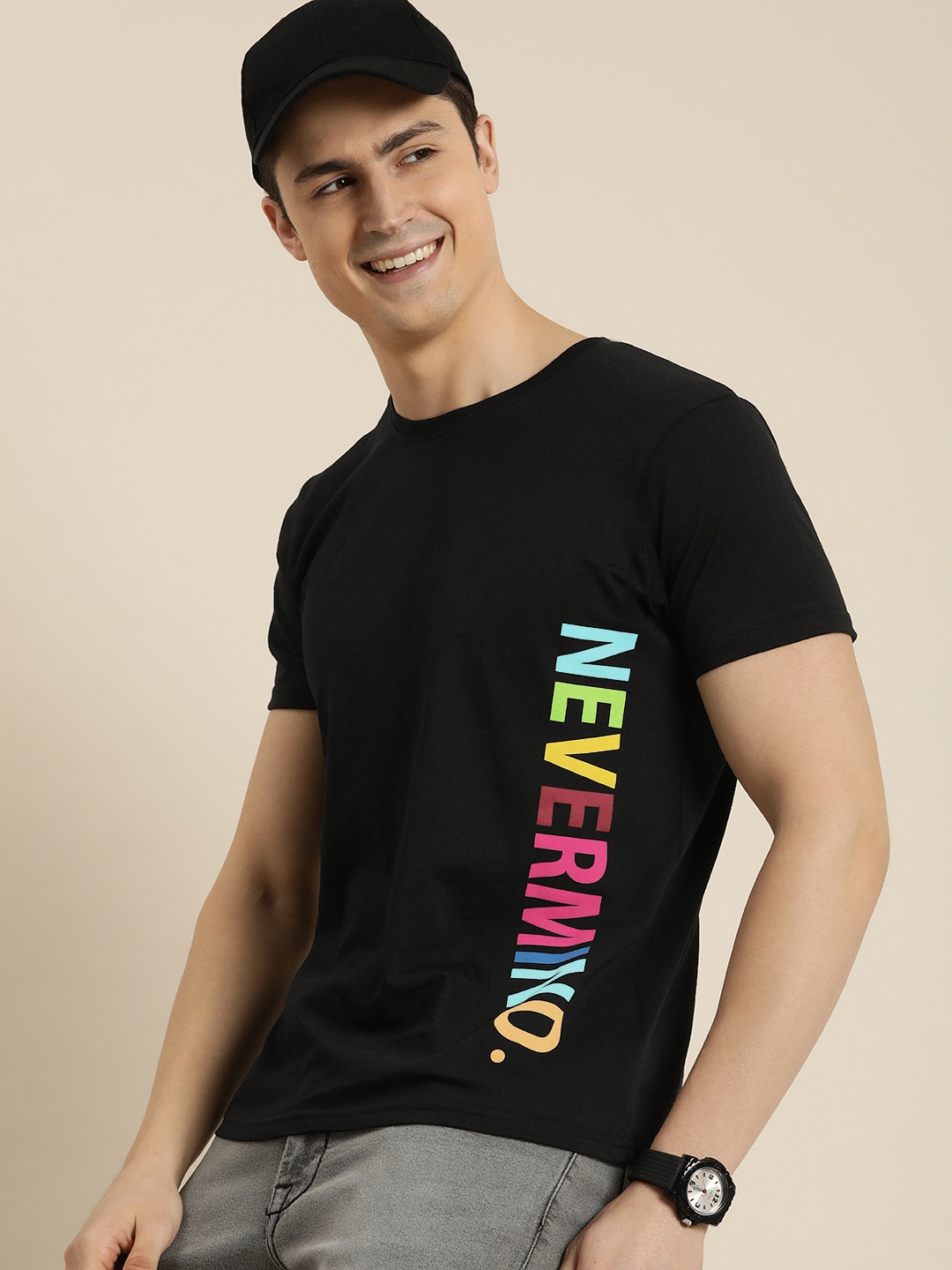 

HERE&NOW Typography Printed Pure Cotton T-shirt, Black