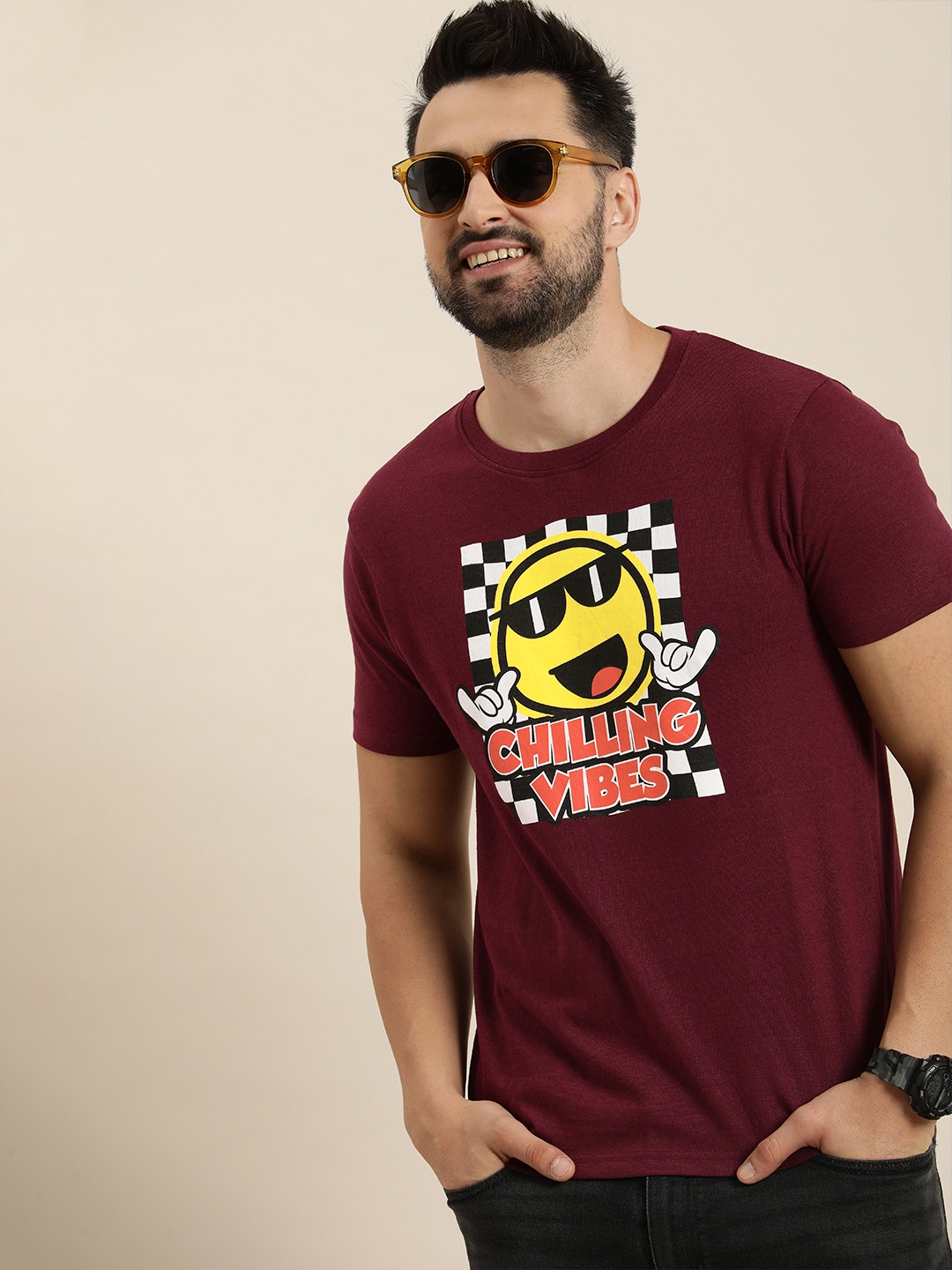 

HERE&NOW Round Neck Graphic Printed T-shirt, Maroon