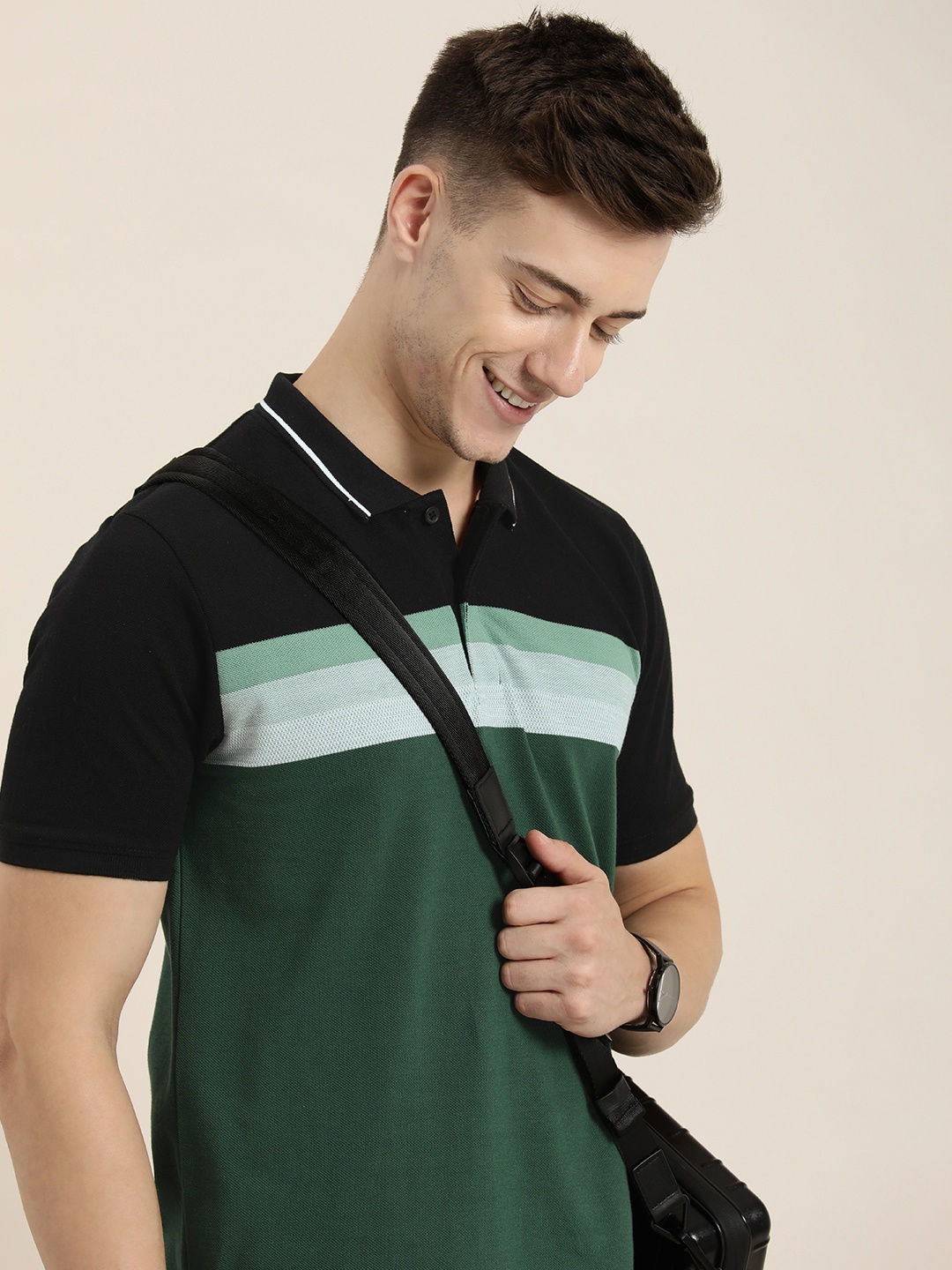 

HERE&NOW Striped & Colourblocked Polo Collar T-shirt, Green