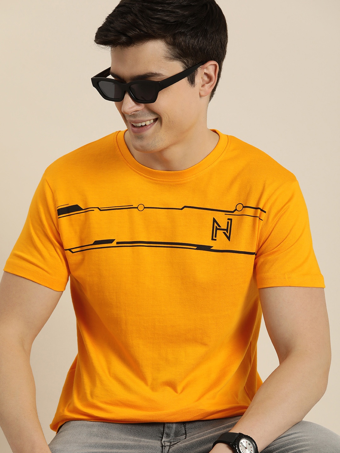 

HERE&NOW Printed Round Neck Pure Cotton T-shirt, Yellow