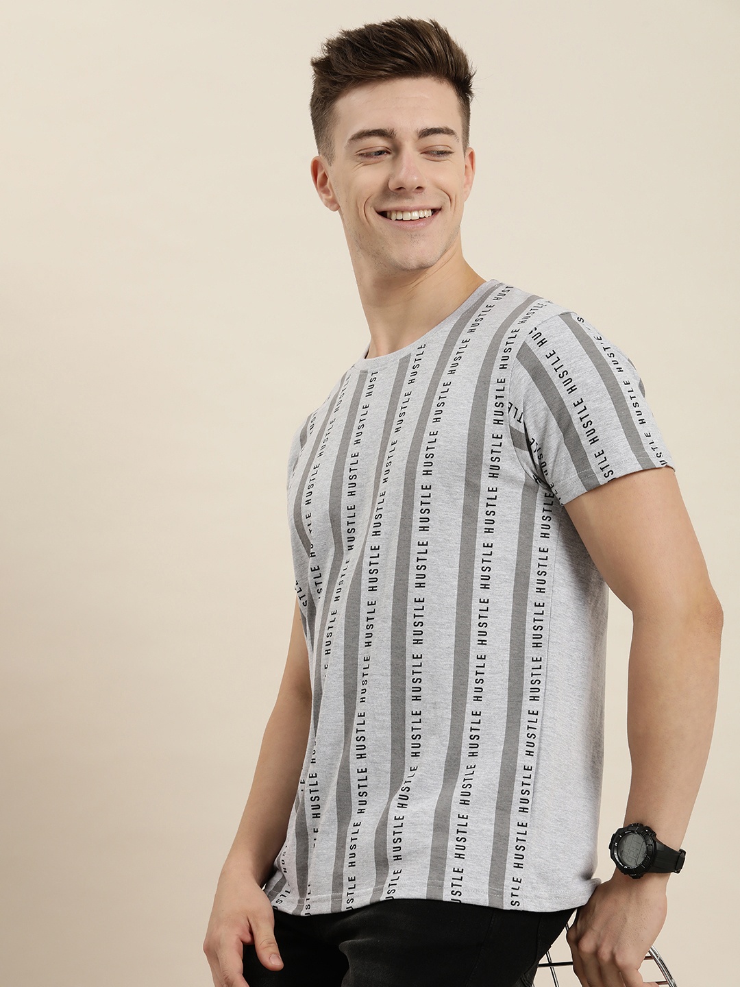 

HERE&NOW Striped And Typography Printed Casual T-shirt, Grey melange