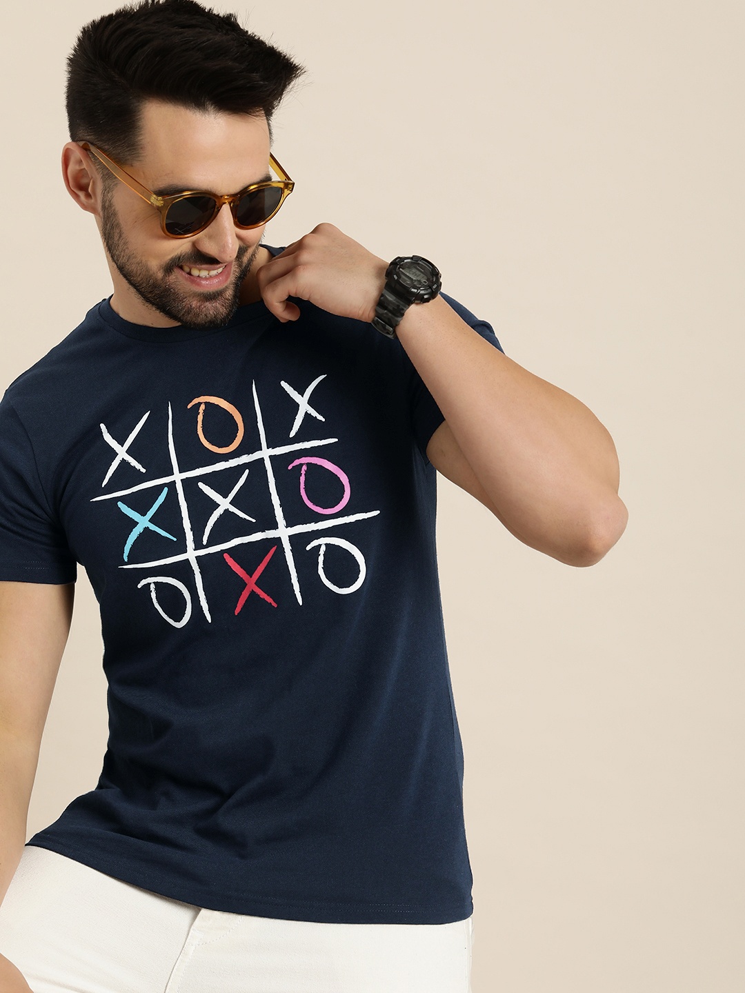 

HERE&NOW Round Neck Geometric Printed T-shirt, Navy blue