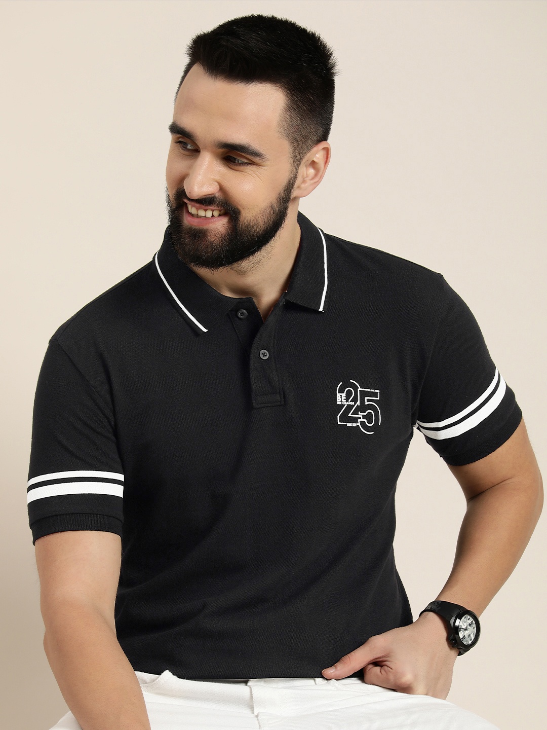 

HERE&NOW Printed Polo Collar Pure Cotton T-shirt, Black