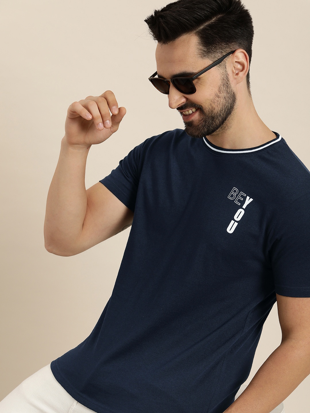 

HERE&NOW Round Neck Solid With Minimal Print Casual T-shirt, Navy blue