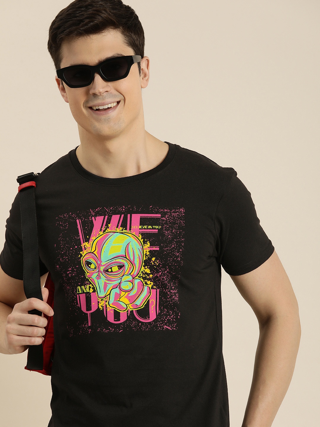 

HERE&NOW Graphic Printed Pure Cotton T-shirt, Black