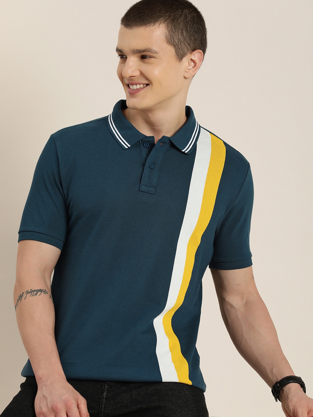 

HERE&NOW Striped Polo Collar Pure Cotton T-shirt, Teal