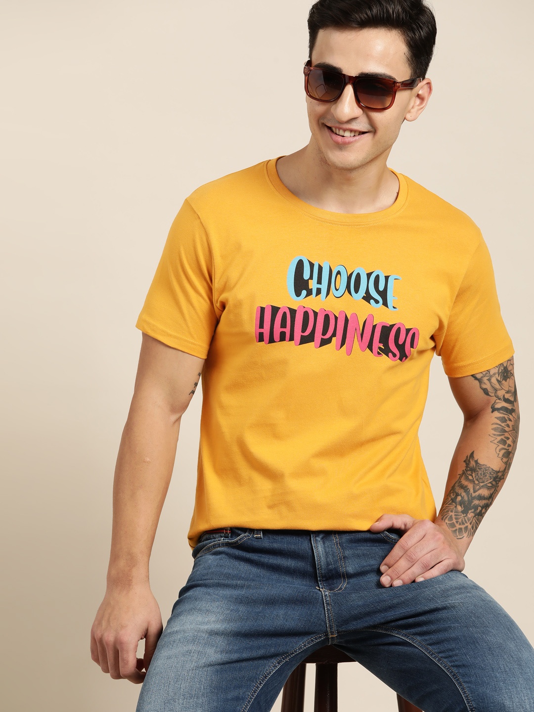 

HERE&NOW Typography Printed Pure Cotton T-shirt, Mustard