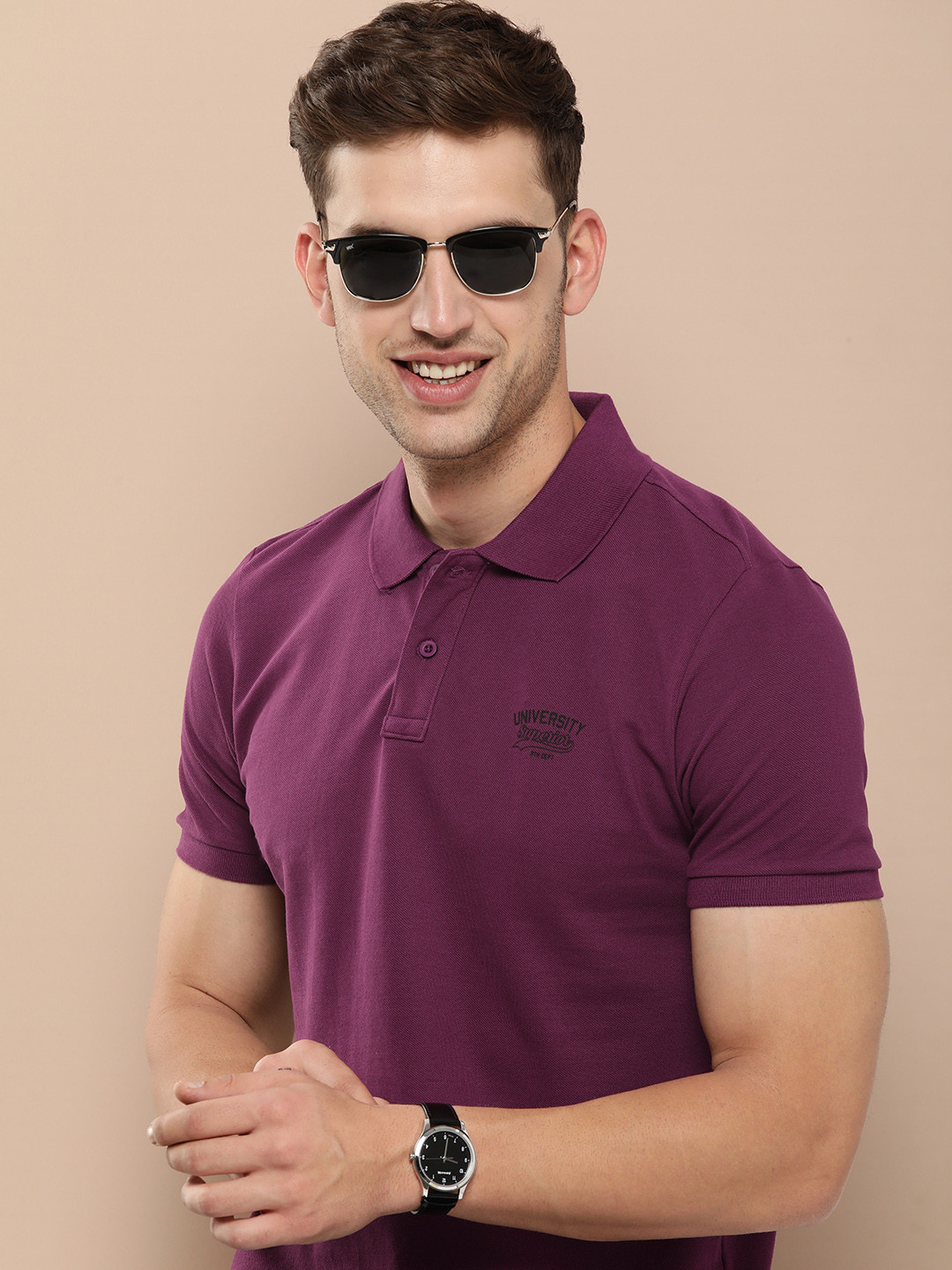 

HERE&NOW Graphic Printed Polo Collar Pure Cotton T-shirt, Purple