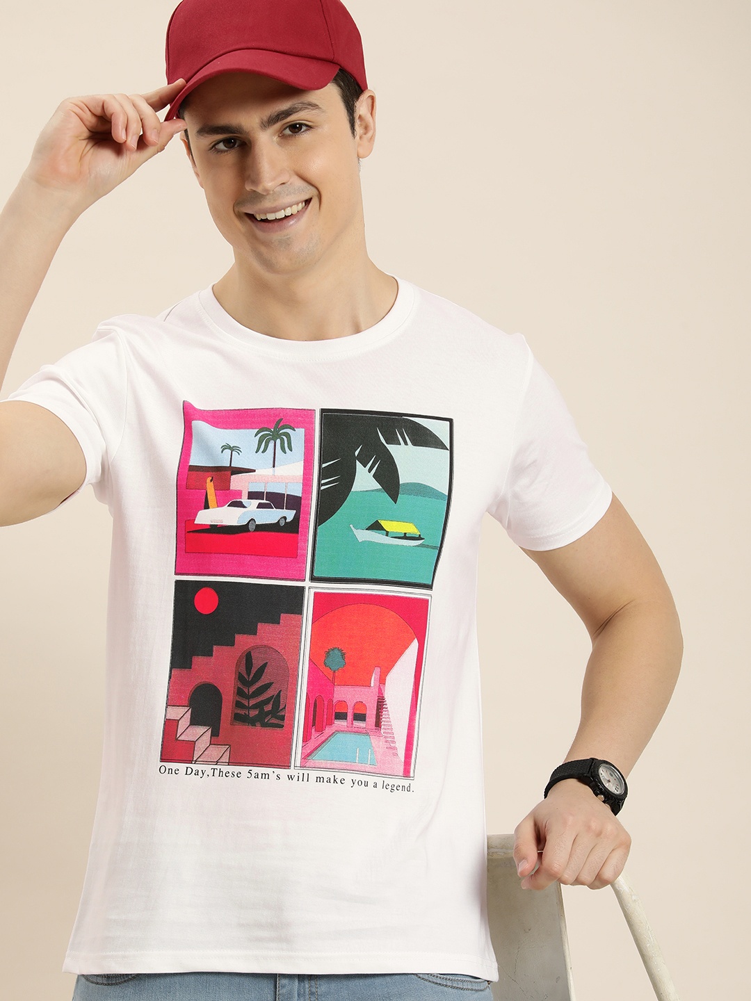 

HERE&NOW Men Printed Pure Cotton T-shirt, White