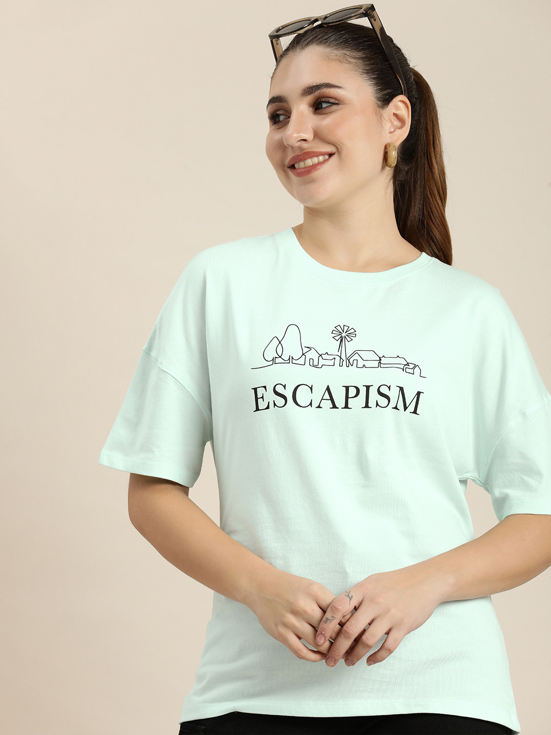 

HERE&NOW Typography Printed Drop-Shoulder Sleeves Pure Cotton T-shirt, Green