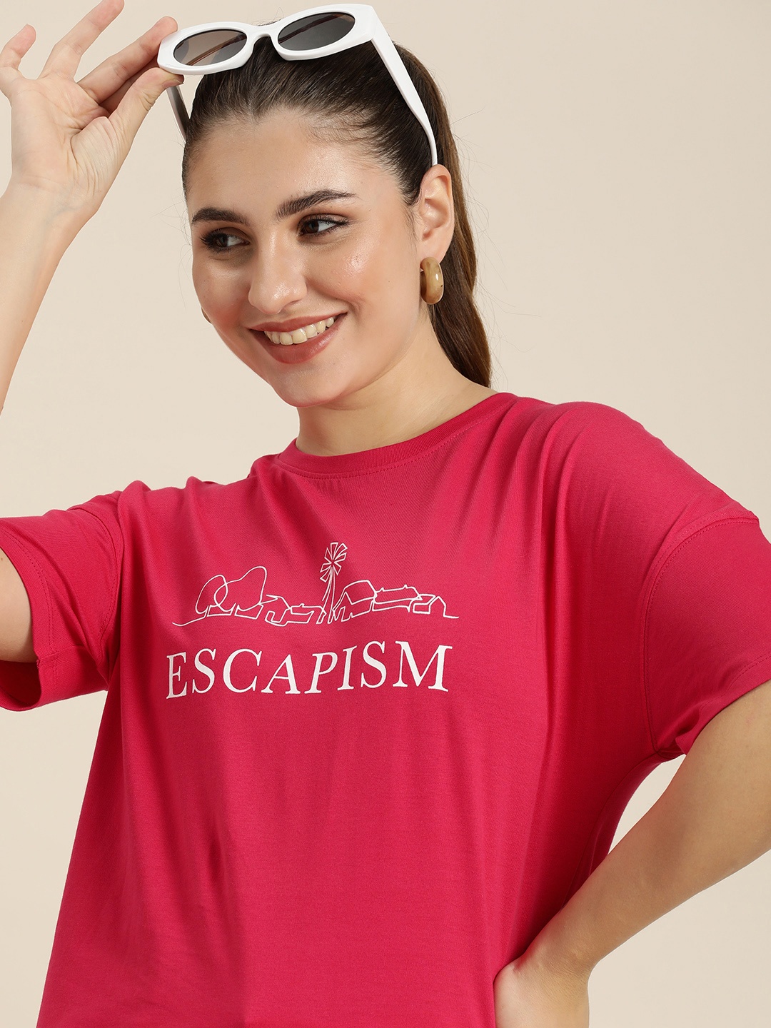 

HERE&NOW Typography Printed Drop-Shoulder Sleeves Pure Cotton T-shirt, Red