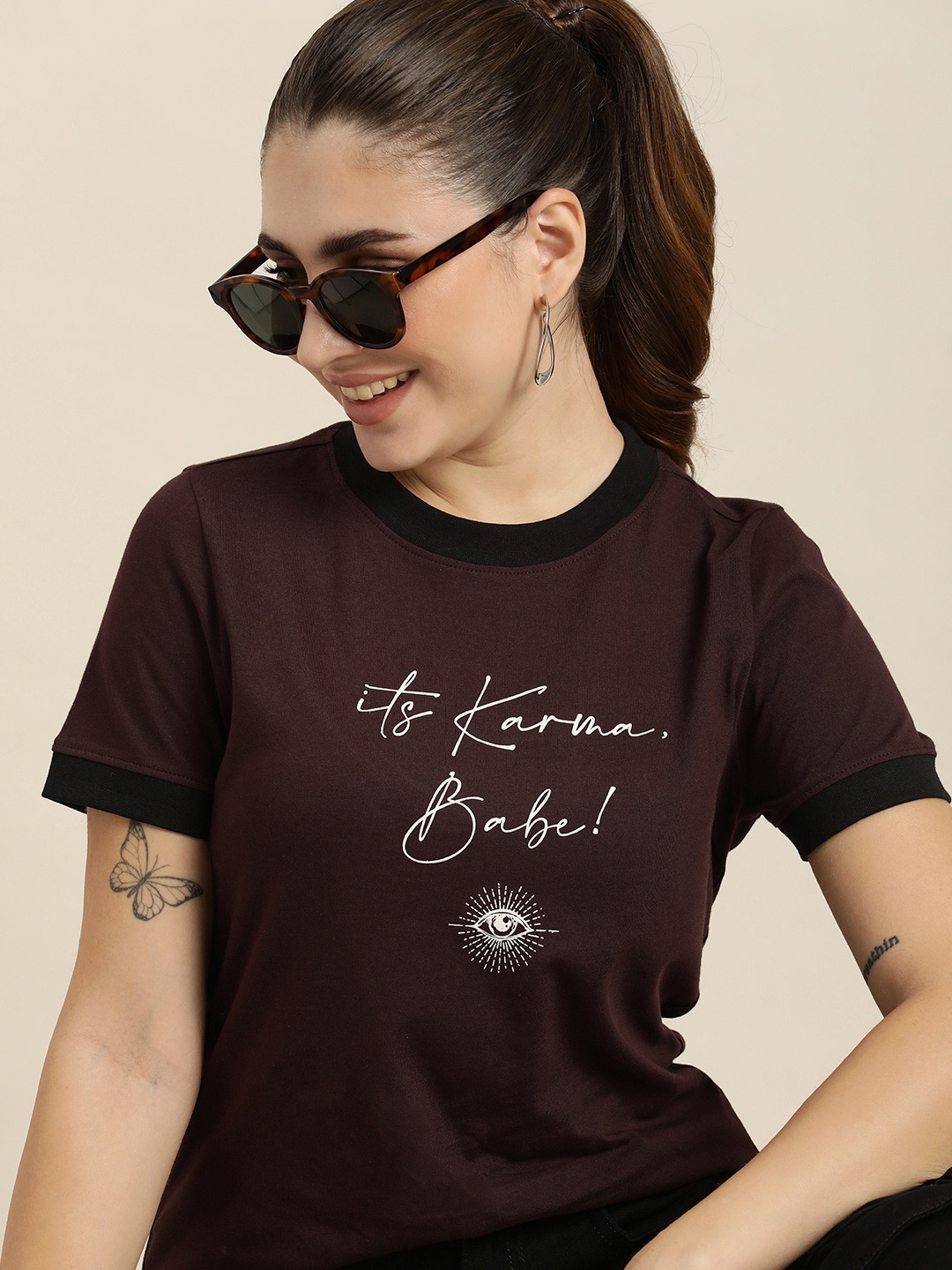 

HERE&NOW Typography Printed Pure Cotton T-shirt, Brown