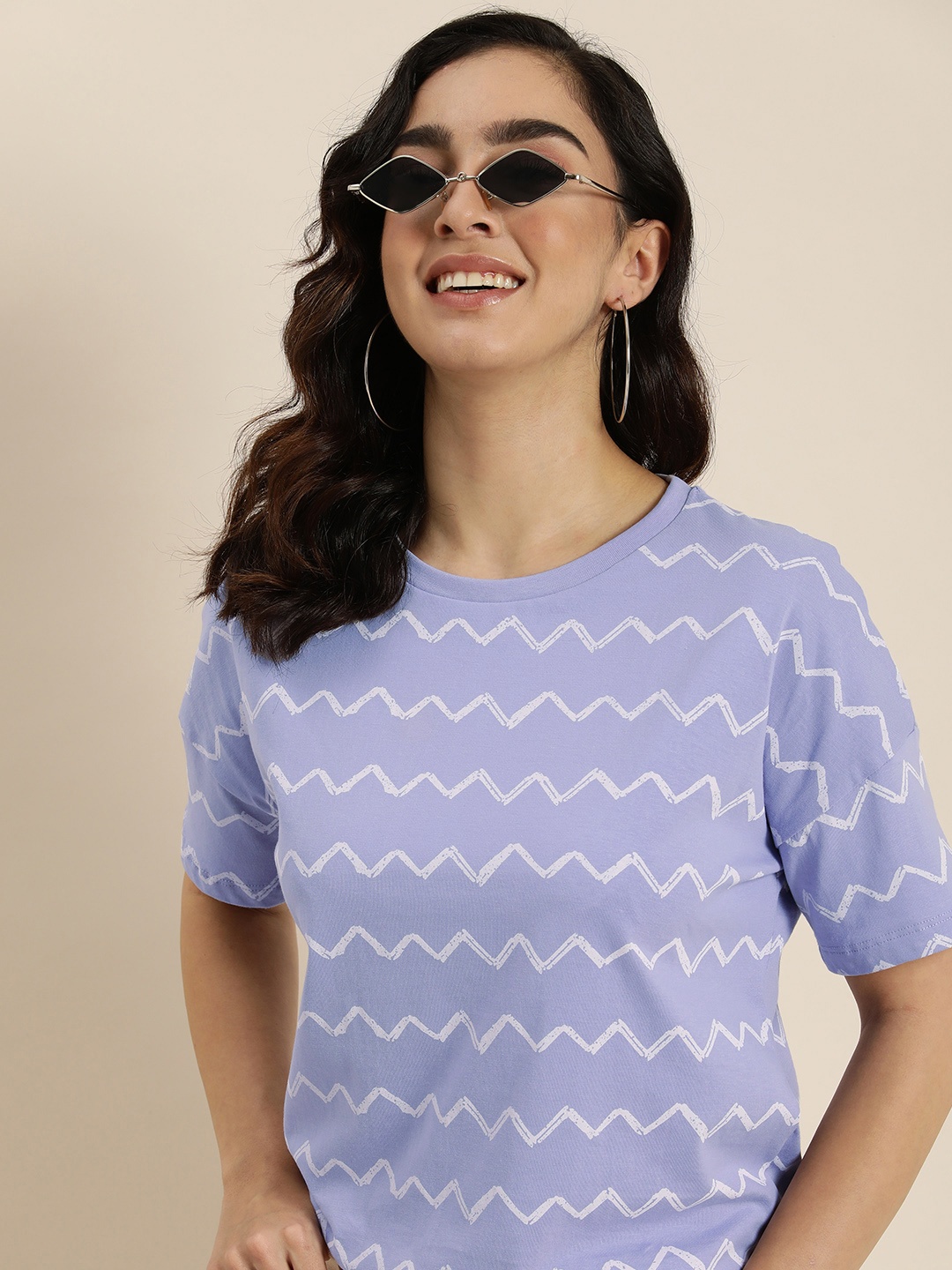 

HERE&NOW Pure Cotton Printed Drop-Shoulder Sleeves T-shirt, Blue