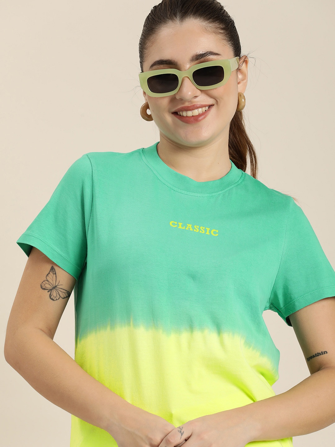 

HERE&NOW Colourblocked Pure Cotton T-shirt, Green