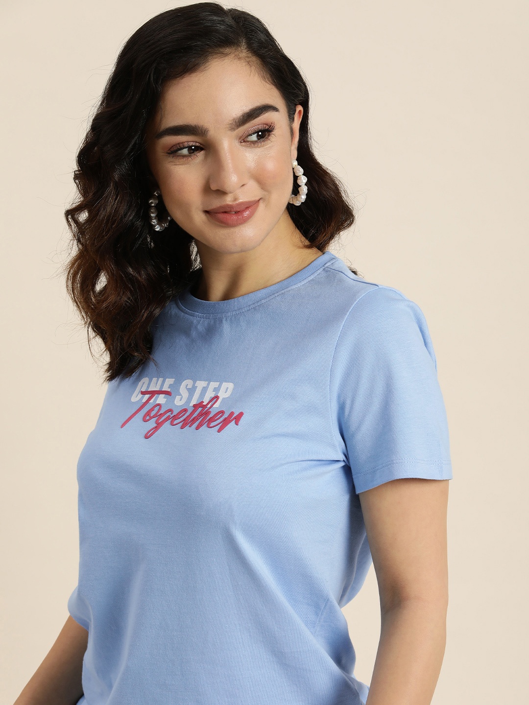 

HERE&NOW Pure Cotton Typography Printed Casual T-shirt, Blue