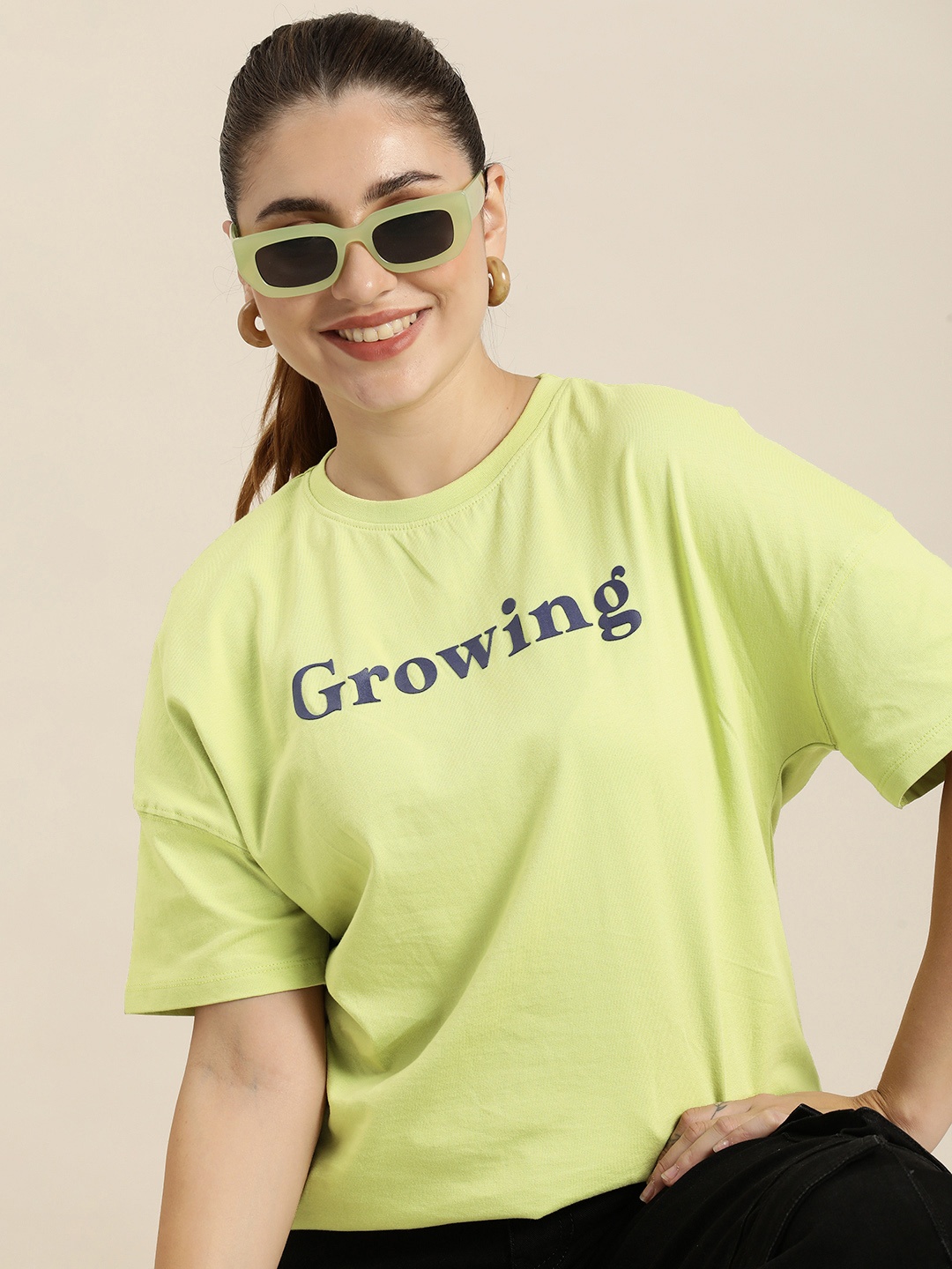 

HERE&NOW Typography Printed Drop-Shoulder Sleeves Pure Cotton T-shirt, Green