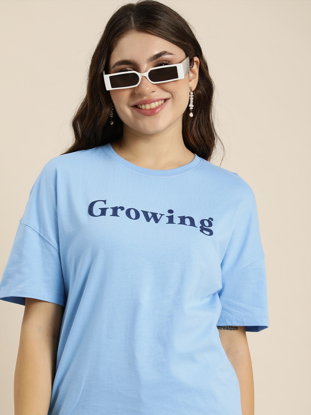 

HERE&NOW Pure Cotton Printed Drop-Shoulder Sleeves T-shirt, Blue