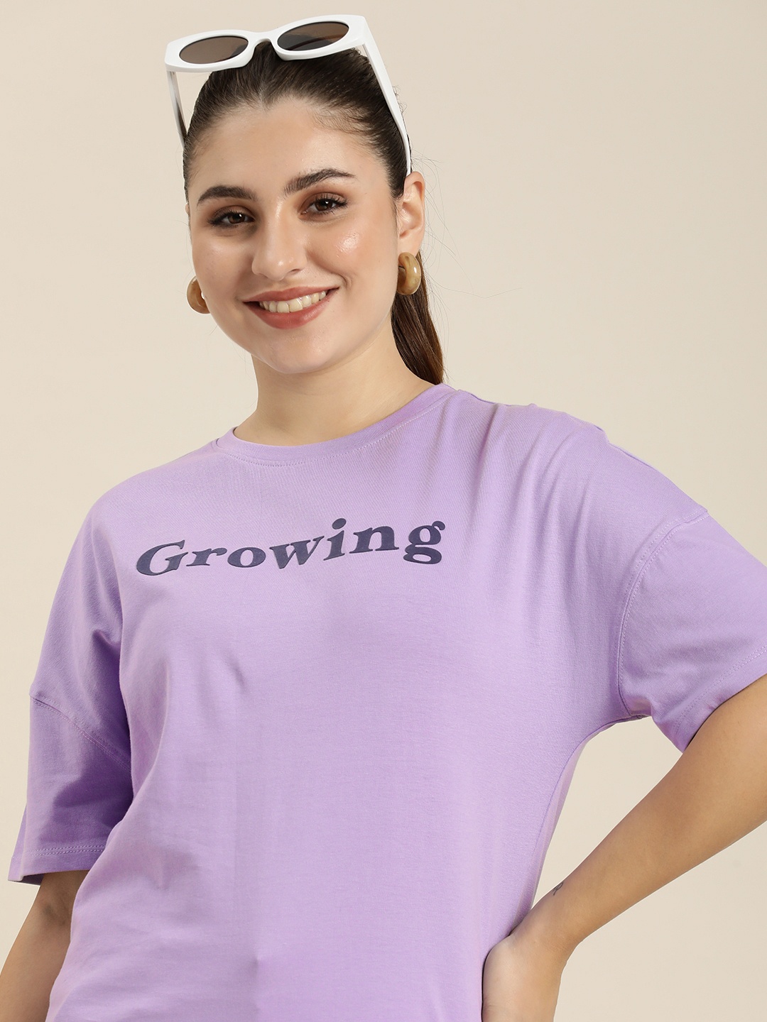 

HERE&NOW Typography Printed Drop-Shoulder Sleeves Pure Cotton T-shirt, Lavender