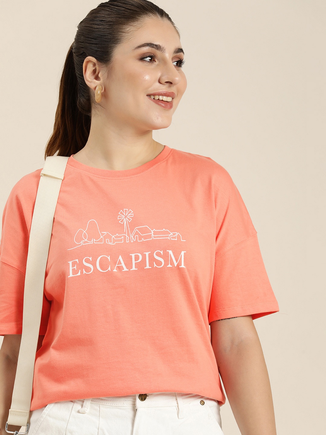 

HERE&NOW Typography Printed Drop-Shoulder Sleeves Pure Cotton T-shirt, Peach
