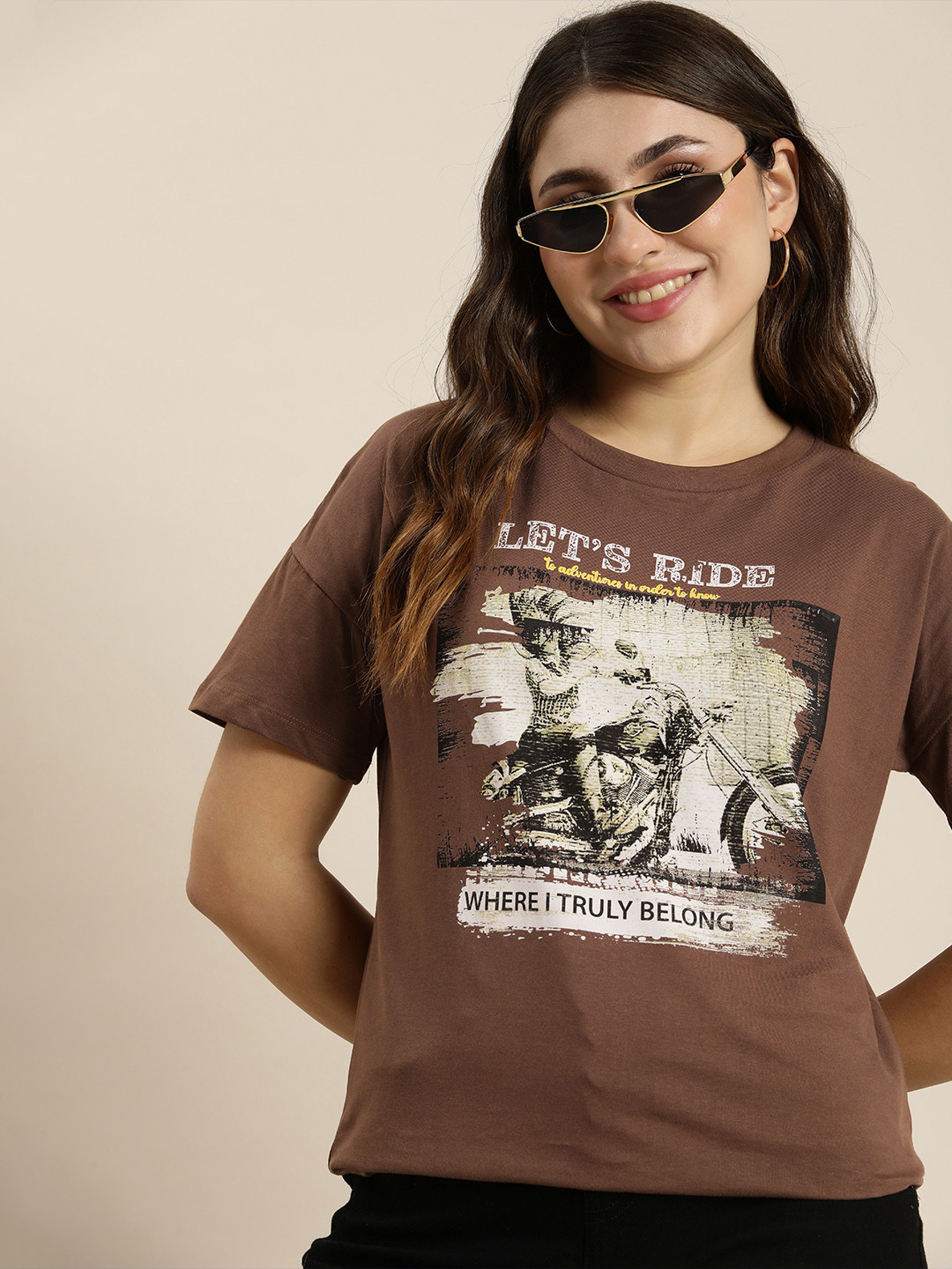 

HERE&NOW Pure Cotton Printed Drop-Shoulder Sleeves T-shirt, Coffee brown