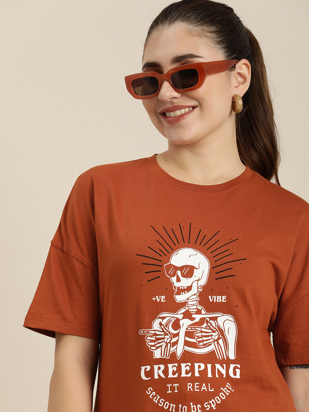 

HERE&NOW Printed Drop-Shoulder Sleeves Pure Cotton T-shirt, Brown
