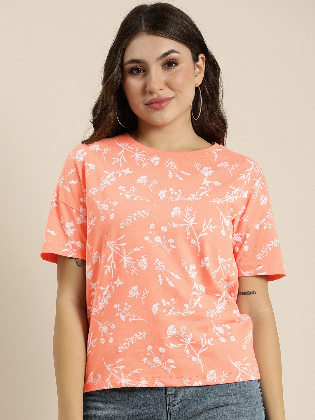 

HERE&NOW Pure Cotton Floral Printed Drop-Shoulder Sleeves Casual T-shirt, Peach