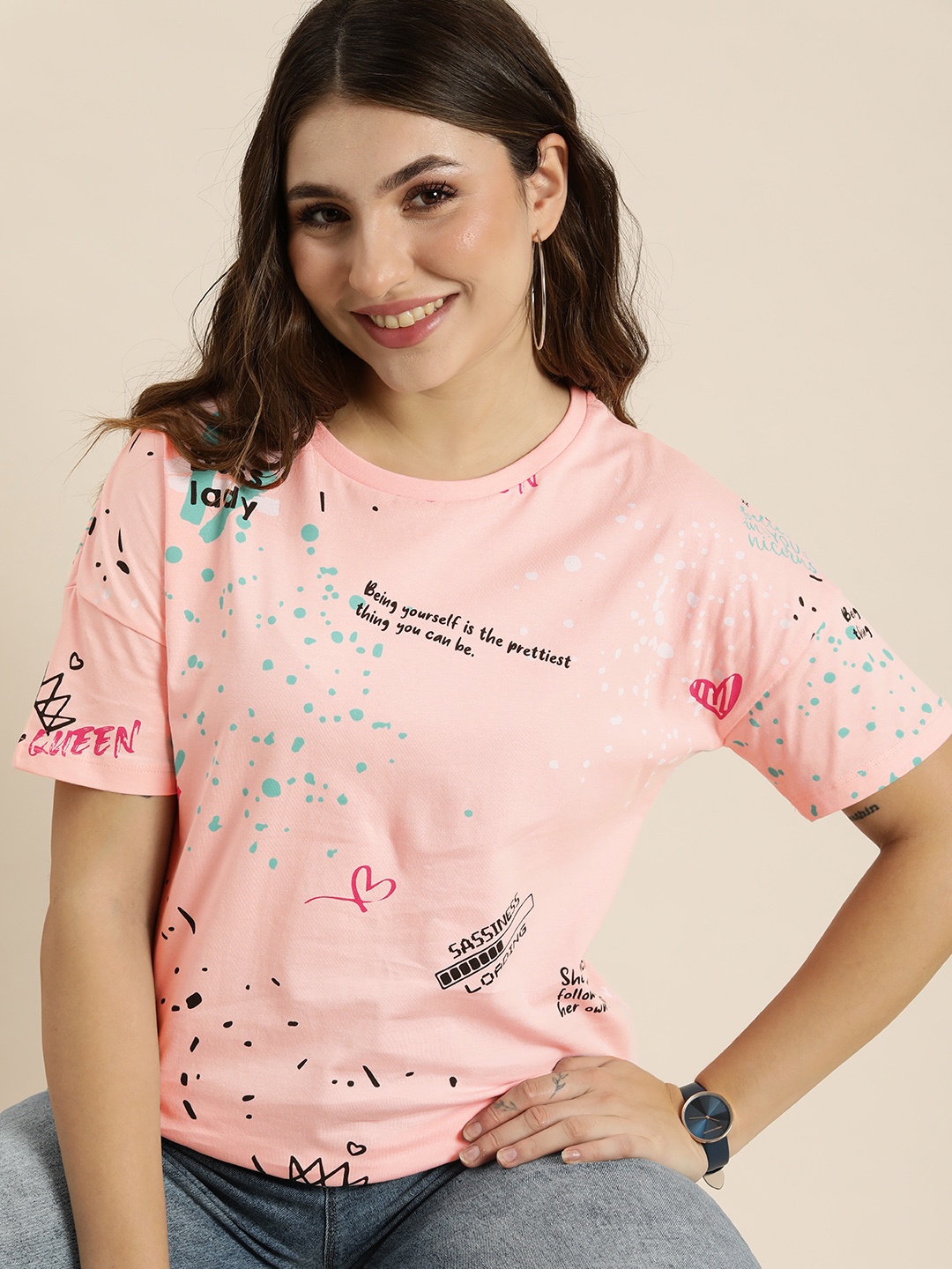 

HERE&NOW Pure Cotton Typography Printed Drop-Shoulder Sleeves Casual T-shirt, Pink