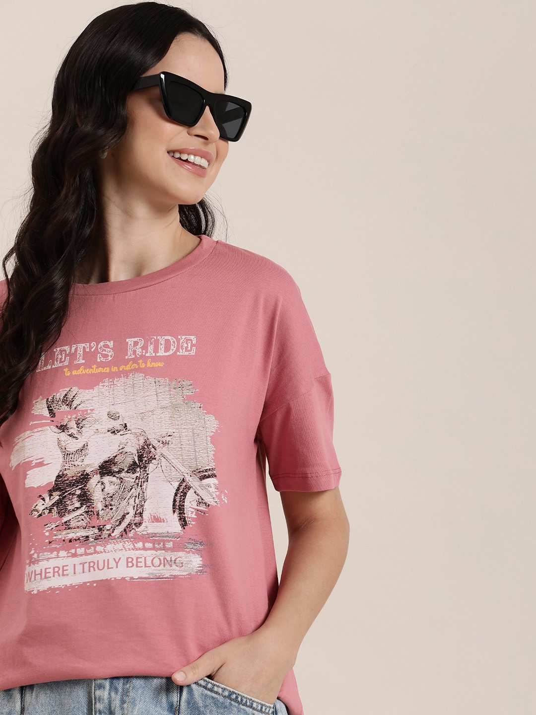 

HERE&NOW Graphic Printed Pure Cotton T-shirt, Pink