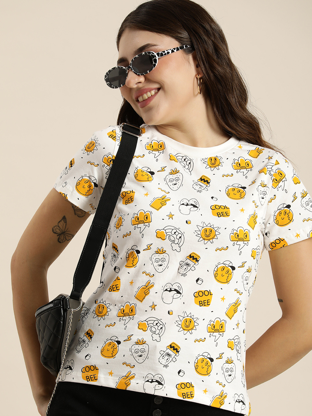 

HERE&NOW Pure Cotton Printed Drop-Shoulder Sleeves T-shirt, White