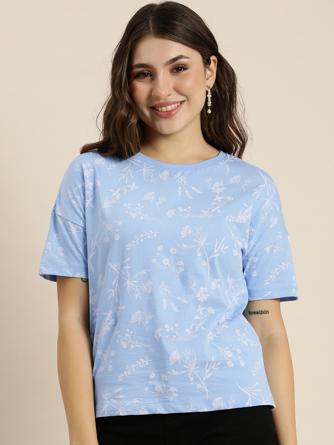 

HERE&NOW Pure Cotton Floral Printed Drop-Shoulder Sleeves T-shirt, Blue