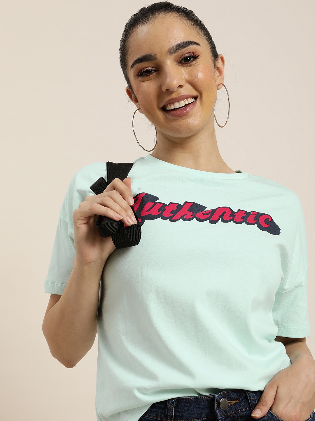

HERE&NOW Typography Graphic Printed Drop-Shoulder Sleeves Pure Cotton T-shirt, Blue