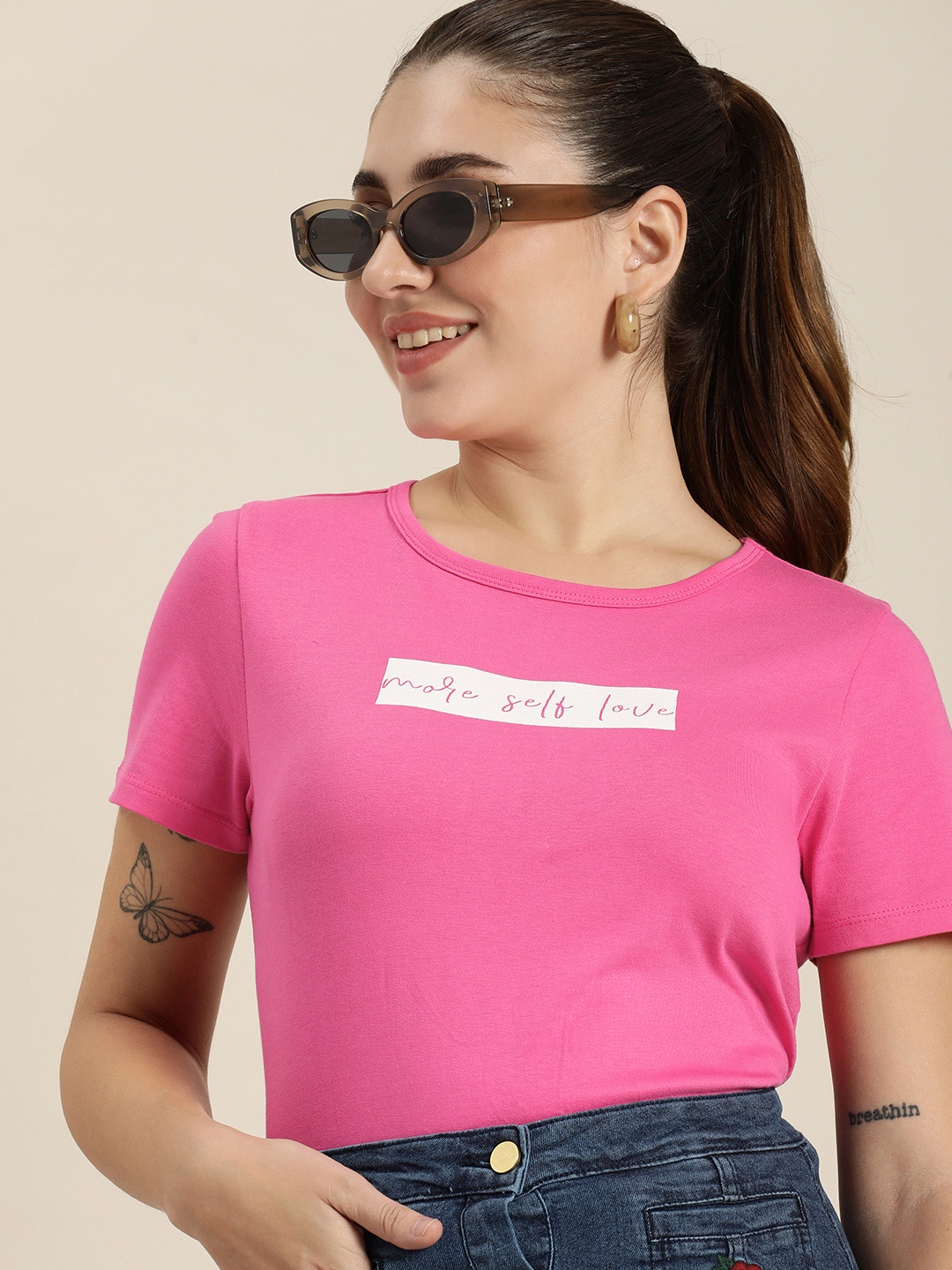 

HERE&NOW Typography Printed Pure Cotton T-shirt, Pink